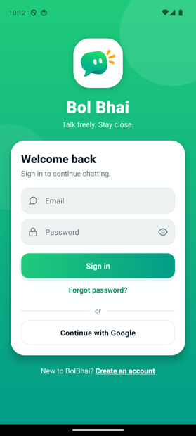 BolBhai sign-in screen with the logo, email and password fields and a Continue with Google button